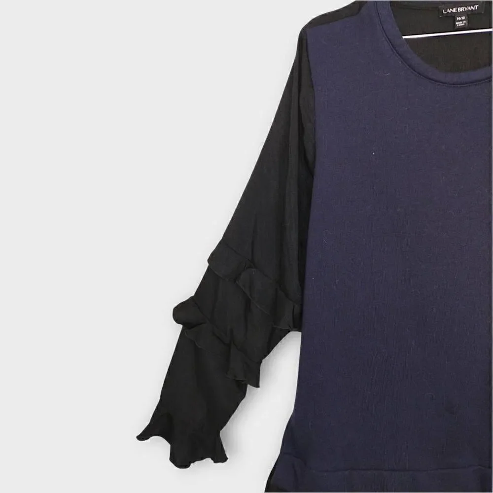 Lane Bryant Womens Top Sz 14-16 Long Ruffle Sleeves Navy Black Pullover Bohemian